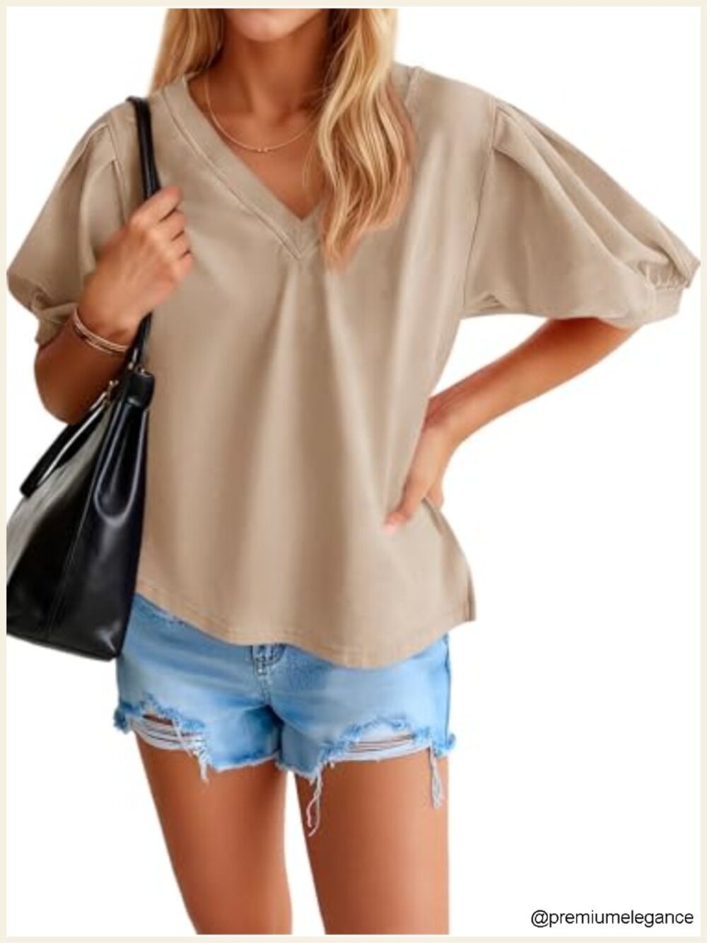 Womens Short Puff Sleeve V-Neck Loose Fit Cotton T-Shirt